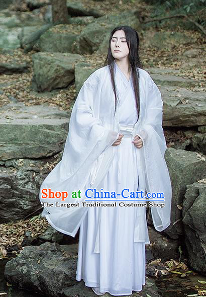 Traditional Chinese Jin Dynasty Nobility Childe Costumes Ancient Swordsman White Clothing for Men