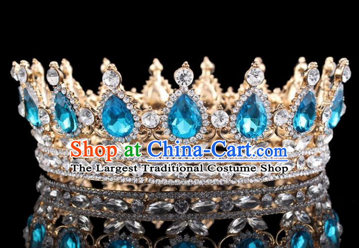Top Grade Baroque Court Queen Blue Crystal Golden Royal Crown Retro Wedding Bride Hair Accessories for Women