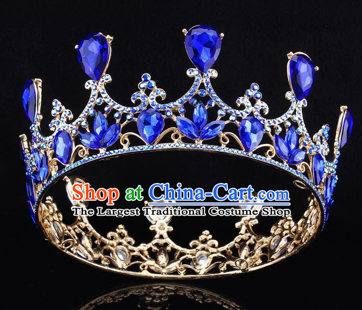 Top Grade Baroque Court Princess Blue Round Royal Crown Wedding Bride Hair Accessories for Women
