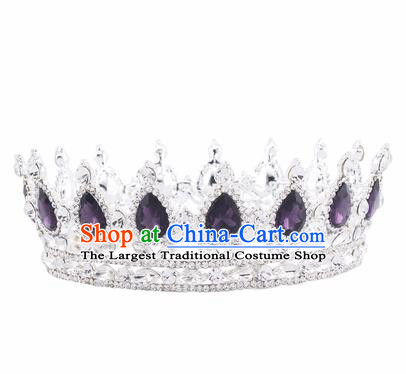 Handmade Bride Wedding Hair Jewelry Accessories Baroque Queen Purple Crystal Royal Crown for Women