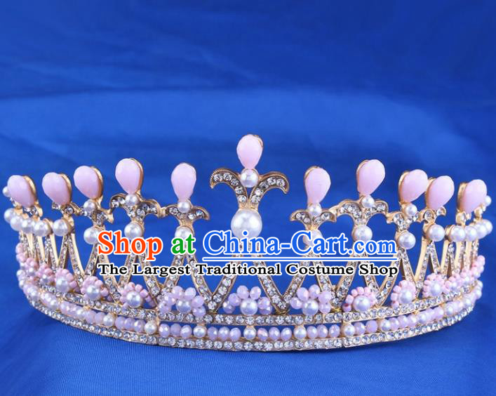 Handmade Bride Wedding Hair Jewelry Accessories Baroque Pink Beads Royal Crown for Women