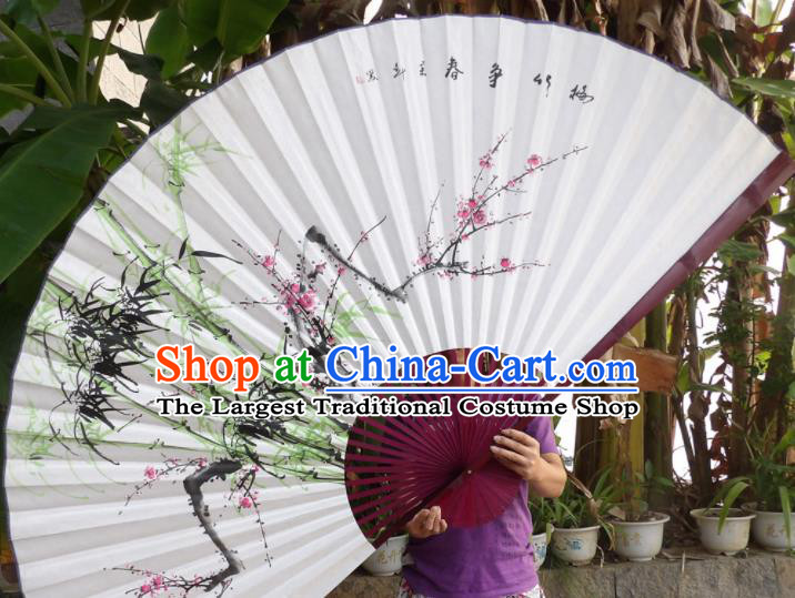 Chinese Traditional Paper Fans Decoration Crafts Hand Ink Painting Plum Blossom Bamboo Red Frame Folding Fans