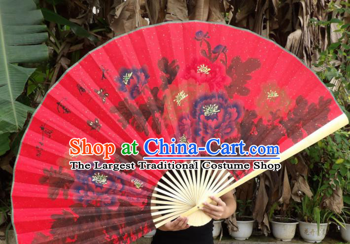 Chinese Traditional Red Paper Fans Decoration Crafts Handmade Printing Peony Wood Frame Folding Fans
