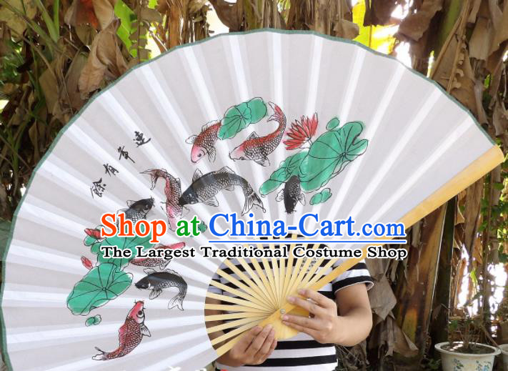 Chinese Traditional Paper Fans Decoration Crafts Handmade Printing Nine Fishes Lotus Wood Frame Folding Fans