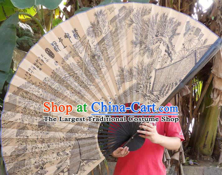 Chinese Traditional Handmade Paper Fans Decoration Crafts Printing Black Frame Folding Fans
