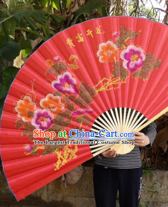 Chinese Traditional Handmade Red Silk Fans Decoration Crafts Printing Peony Wood Frame Folding Fans