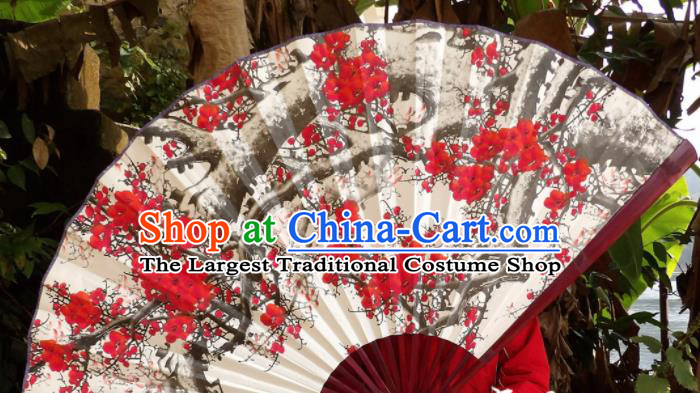 Chinese Traditional Handmade White Paper Fans Decoration Crafts Ink Painting Plum Blossom Red Frame Folding Fans
