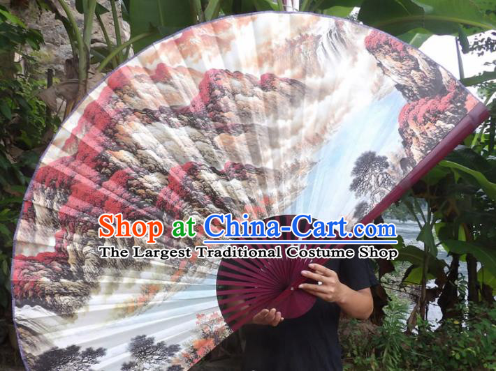 Chinese Traditional Fans Decoration Crafts Red Frame Ink Painting Mountain View Folding Fans Paper Fans