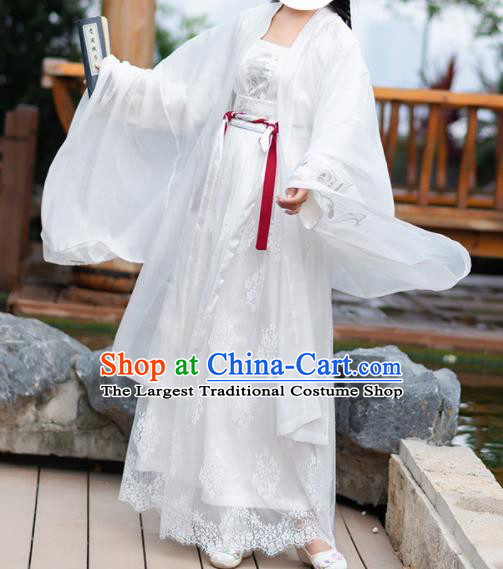 Chinese Tang Dynasty Princess Embroidered Costumes Ancient Peri White Hanfu Dress for Women