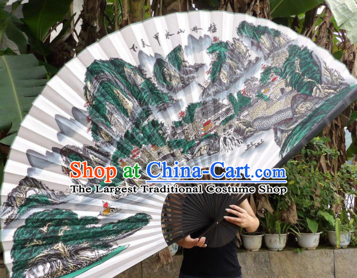 Chinese Traditional Handmade Silk Fans Decoration Crafts Ink Painting Guilin Scenery Black Frame Folding Fans