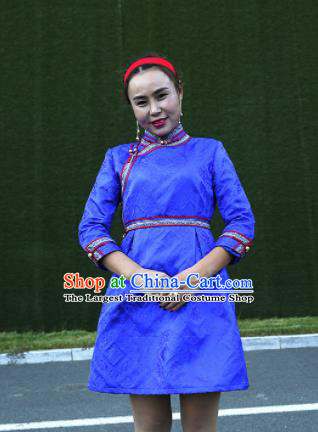 Chinese Mongol Minority Ethnic Costume Traditional Mongolian Blue Brocade Dress for Women