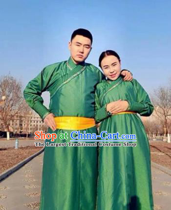 Chinese Mongol Minority Ethnic Costume Traditional Green Brocade Mongolian Robe for Women for Men