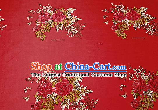 Chinese Traditional Red Brocade Fabric Asian Embroidery Peony Pattern Design Satin Cushion Silk Fabric Material