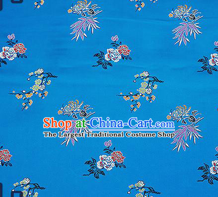 Chinese Traditional Blue Brocade Fabric Classical Plum Blossom Orchid Bamboo Chrysanthemum Pattern Design Satin Tang Suit Silk Fabric Material