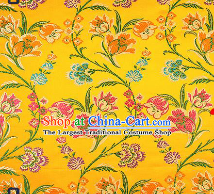 Traditional Chinese Yellow Brocade Drapery Classical Tulipa Pattern Design Satin Cheongsam Silk Fabric Material