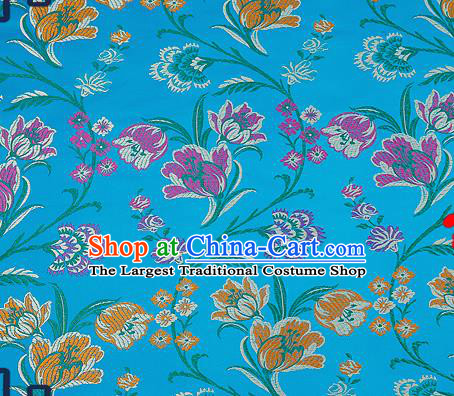 Traditional Chinese Blue Brocade Drapery Classical Tulipa Pattern Design Satin Cheongsam Silk Fabric Material
