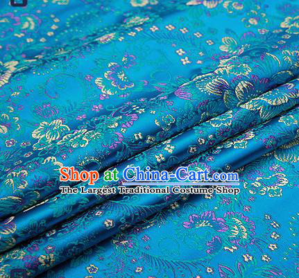 Chinese Traditional Lake Blue Brocade Drapery Classical Peony Pattern Design Satin Tang Suit Qipao Silk Fabric Material
