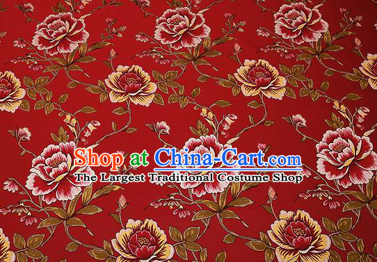 Traditional Chinese Red Satin Brocade Drapery Classical Embroidery Peony Pattern Design Cushion Silk Fabric Material