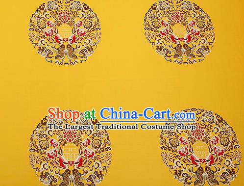 Traditional Chinese Yellow Satin Brocade Drapery Classical Embroidery Fishes Lotus Pattern Design Cushion Silk Fabric Material