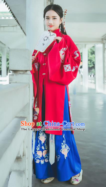 Chinese Ancient Ming Dynasty Princess Costumes Embroidered Red Hanfu Dress for Rich Women