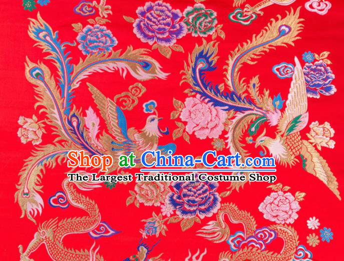 Asian Chinese Traditional Red Satin Fabric Tang Suit Brocade Silk Material Classical Phoenix Peony Pattern Design Drapery