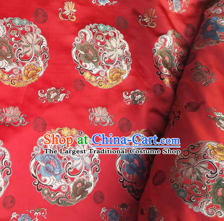 Asian Chinese Traditional Fabric Tang Suit Red Brocade Silk Material Classical Lotus Pattern Design Satin Drapery