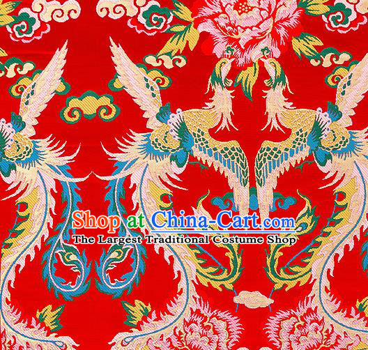 Asian Chinese Traditional Red Satin Fabric Tang Suit Brocade Silk Material Classical Phoenix Peony Pattern Design Drapery