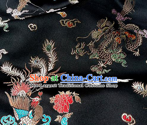 Asian Chinese Traditional Fabric Black Satin Brocade Silk Material Classical Dragon Phoenix Pattern Design Satin Drapery