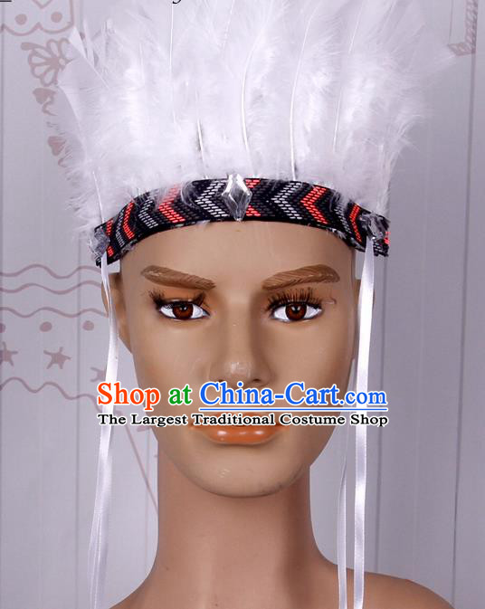 Halloween Catwalks White Feather Hair Accessories Cosplay Primitive Tribe Feather Hat for Adults