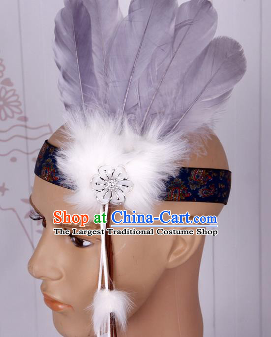 Halloween Catwalks Apache Chief Grey Feather Hair Accessories Cosplay Primitive Tribe Feather Hat for Adults