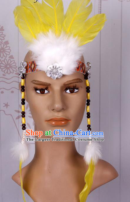 Halloween Catwalks Apache Chief Yellow Feather Hair Accessories Cosplay Primitive Tribe Feather Hat for Adults