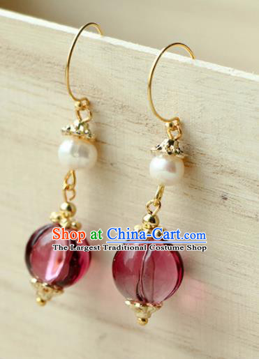 Traditional Chinese Earrings Ancient Handmade Palace Lady Purple Bead Ear Accessories for Women
