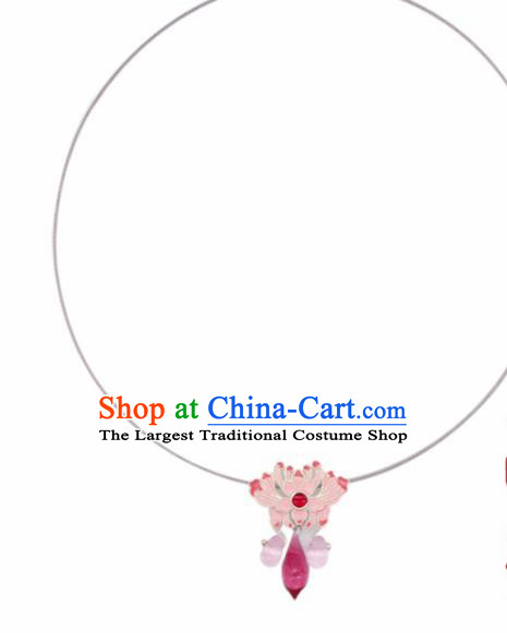 Traditional Chinese Handmade Pink Lotus Necklace Ancient Necklet Accessories for Women