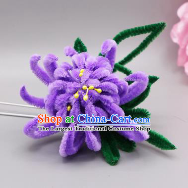 Chinese Traditional Handmade Hair Accessories Ancient Qing Dynasty Queen Purple Velvet Flower Hairpins for Women