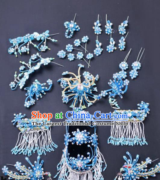 Chinese Traditional Peking Opera Diva Hair Accessories Ancient Princess Blue Hairpins Headwear for Adults