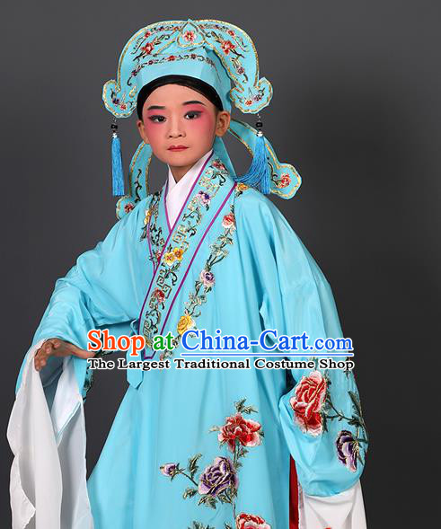 Chinese Traditional Peking Opera Niche Costume Ancient Scholar Light Blue Robe and Hat for Kids