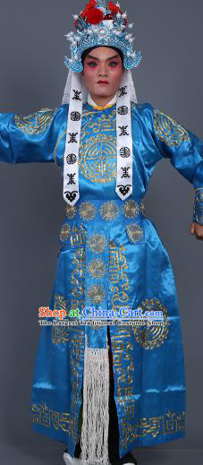 Chinese Traditional Peking Opera Takefu Costume Ancient Imperial Bodyguard Blue Embroidered Robe for Adults