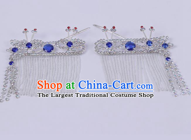 Chinese Traditional Peking Opera Princess Hair Accessories Ancient Fairy Royalblue Crystal Hairpins for Women