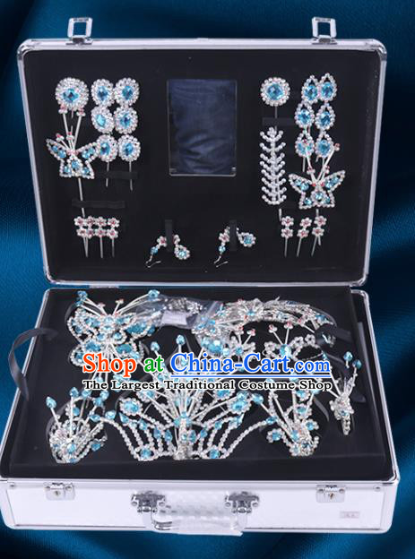 Chinese Traditional Peking Opera Princess Blue Crystal Hair Accessories Ancient Fairy Phoenix Hairpins for Women