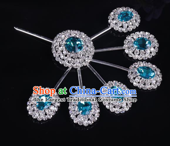 Chinese Traditional Peking Opera Diva Hair Accessories Blue Crystal Hairpins for Women