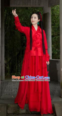 Chinese Ancient Traditional Red Hanfu Dress Qin Dynasty Swordswoman Embroidered Costumes for Women