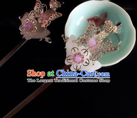 Chinese Handmade Ancient Princess Hair Accessories Hanfu Jade Butterfly Hairpins for Women