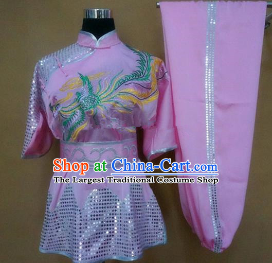 Chinese Traditional Kung Fu Martial Arts Embroidered Phoenix Costumes Tai Chi Training Pink Clothing for Women