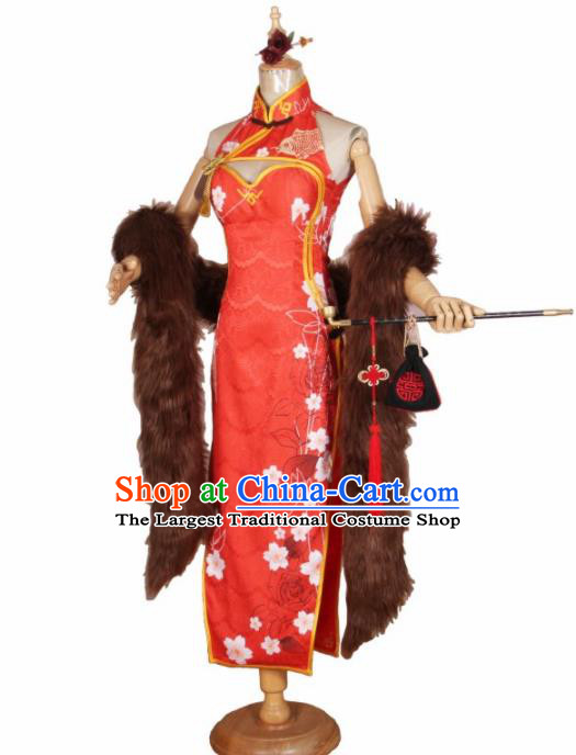 Chinese Traditional Cosplay Costumes Cheongsam Red Qipao Dress for Women