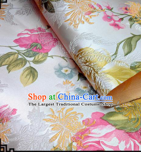 Asian Chinese Traditional Tang Suit Fabric White Brocade Silk Material Classical Peony Chrysanthemum Pattern Design Drapery
