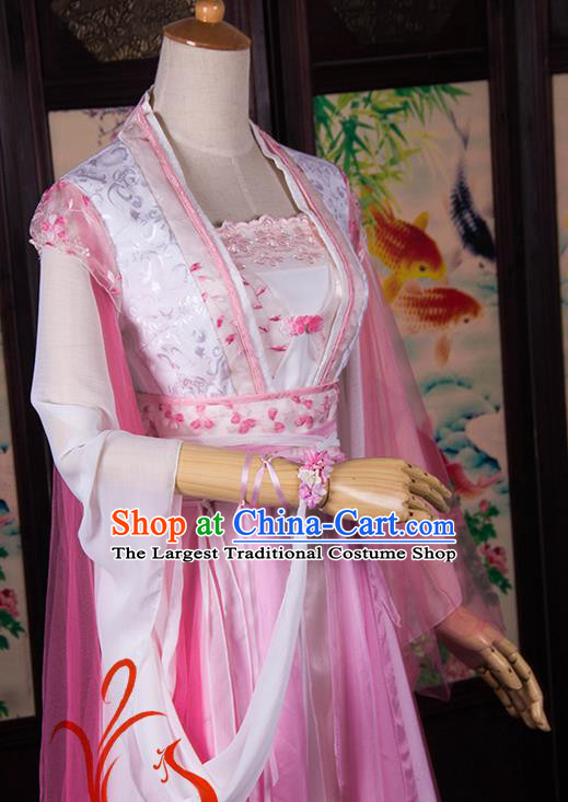 Traditional Chinese Cosplay Peri Princess Costumes Ancient Swordswoman Pink Hanfu Dress for Women