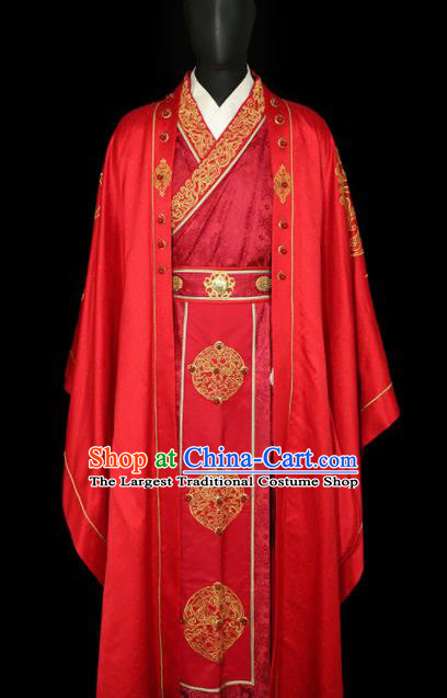 Chinese Traditional Bridegroom Wedding Costumes Ancient Swordsman Red Clothing for Men