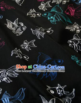 Asian Japanese Traditional Kimono Black Brocade Fabric Silk Material Classical Goldfishes Pattern Design Drapery