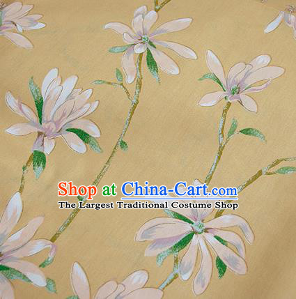 Asian Japanese Traditional Kimono Yellow Fabric Material Classical Orchid Pattern Design Drapery