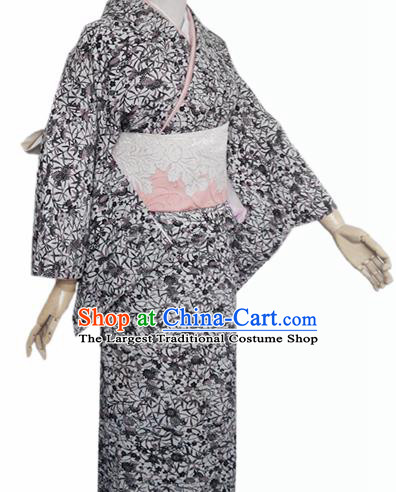 Japanese Traditional Courtesan Furisode Kimono Costumes Ancient Cosplay Grey Yukata Clothing for Women